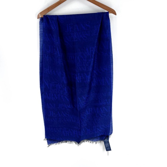 Armani Jeans Scarf Navy Blue Logo Fringe Virgin Wool Made in Italy Mens NWT - Picture 4 of 7